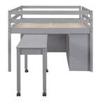 Twin/Full Size Loft Bed with Retractable Writing Desk and 4 Drawers, Wooden Low Loft Bed Frame with Shelves - ModernLuxe
