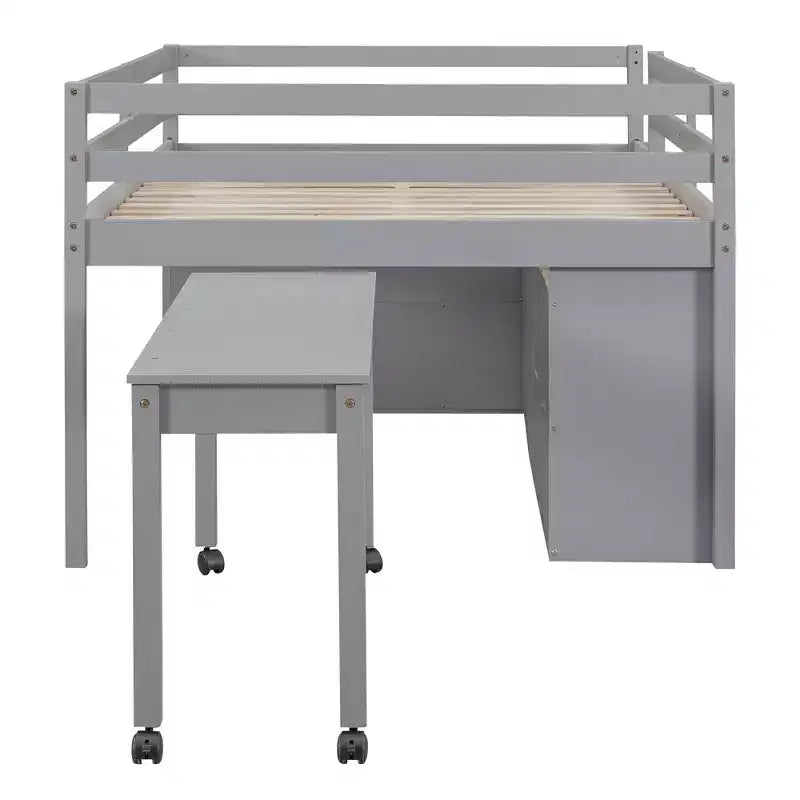Twin/Full Size Loft Bed with Retractable Writing Desk and 4 Drawers, Wooden Low Loft Bed Frame with Shelves - ModernLuxe
