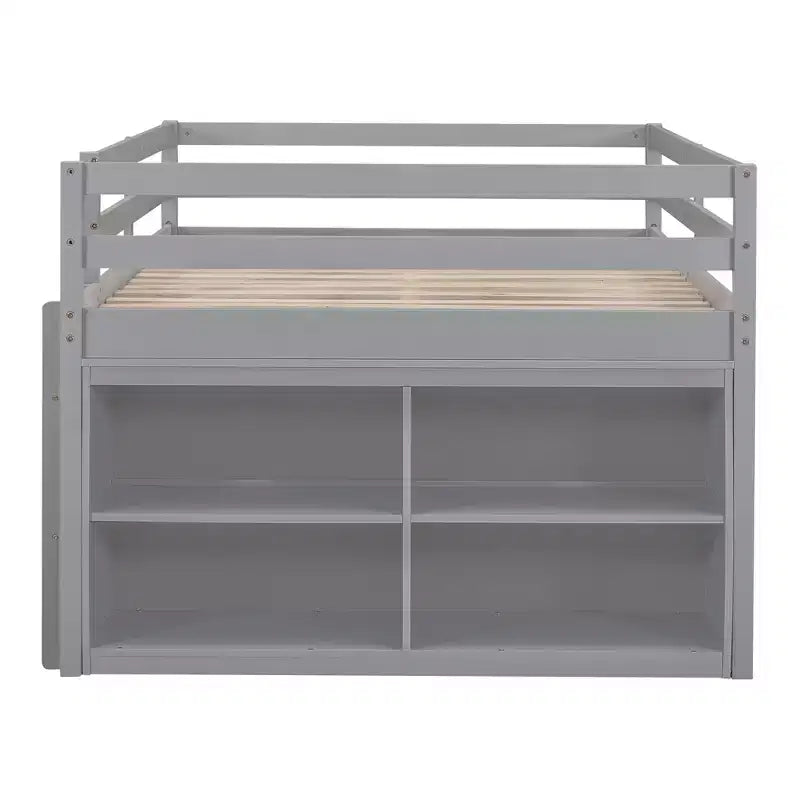 Twin/Full Size Loft Bed with Retractable Writing Desk and 4 Drawers, Wooden Low Loft Bed Frame with Shelves - ModernLuxe