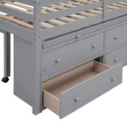 Twin/Full Size Loft Bed with Retractable Writing Desk and 4 Drawers, Wooden Low Loft Bed Frame with Shelves - ModernLuxe