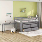 Twin/Full Size Loft Bed with Retractable Writing Desk and 4 Drawers, Wooden Low Loft Bed Frame with Shelves - ModernLuxe