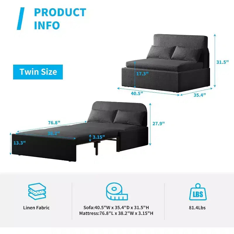 Mjkone Twin Size Sofa Bed, 2 in 1 Convertible Linen Loveseat Sleeper Sofa Couch with Cushions