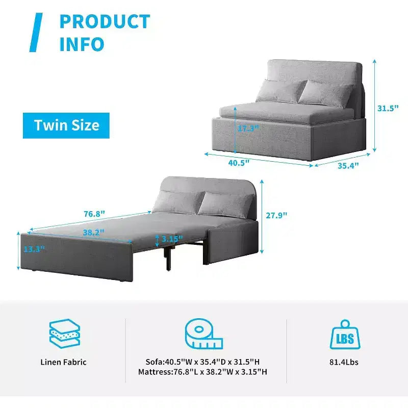 Mjkone Twin Size Sofa Bed, 2 in 1 Convertible Linen Loveseat Sleeper Sofa Couch with Cushions