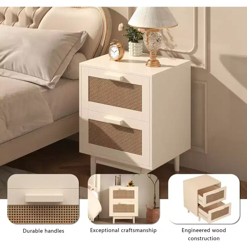 GDFStudio Regina 23.2 H Wood and Rattan Nightstand with Two Drawers