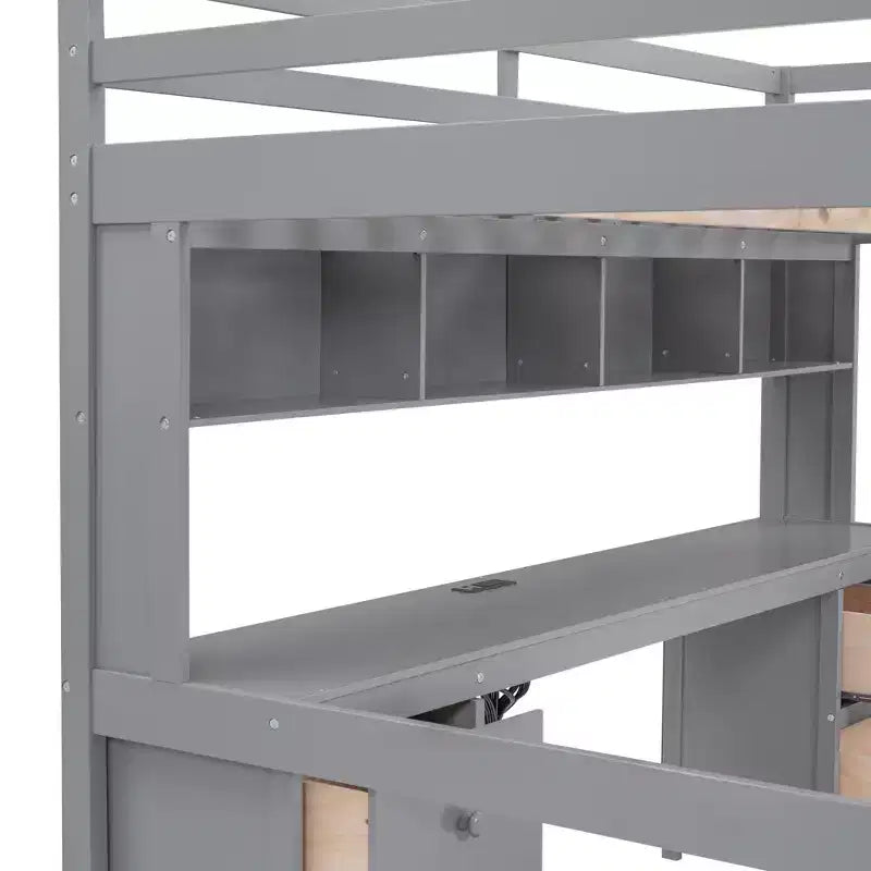 Whisen 78.4Lx 57.6W Full Size Loft Bed with Desk, Cabinets, Drawers and Bedside Tray, Built-in Charging Station, Multiple Storage