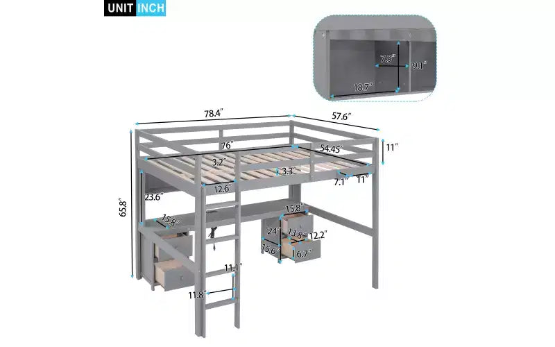 Whisen 78.4Lx 57.6W Full Size Loft Bed with Desk, Cabinets, Drawers and Bedside Tray, Built-in Charging Station, Multiple Storage