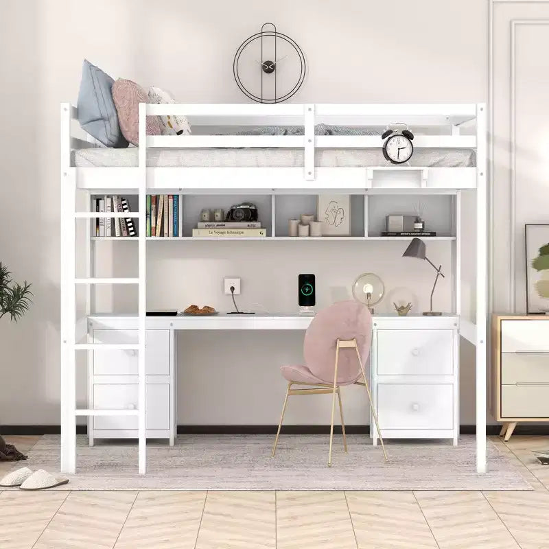 Whisen 78.4Lx 57.6W Full Size Loft Bed with Desk, Cabinets, Drawers and Bedside Tray, Built-in Charging Station, Multiple Storage