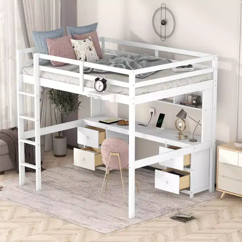 Whisen 78.4Lx 57.6W Full Size Loft Bed with Desk, Cabinets, Drawers and Bedside Tray, Built-in Charging Station, Multiple Storage