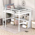 Whisen 78.4Lx 57.6W Full Size Loft Bed with Desk, Cabinets, Drawers and Bedside Tray, Built-in Charging Station, Multiple Storage