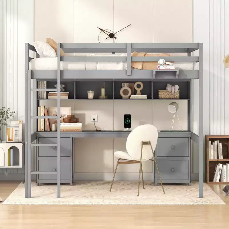 Whisen 78.4Lx 57.6W Full Size Loft Bed with Desk, Cabinets, Drawers and Bedside Tray, Built-in Charging Station, Multiple Storage