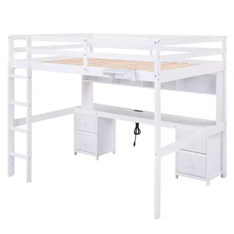 Whisen 78.4Lx 57.6W Full Size Loft Bed with Desk, Cabinets, Drawers and Bedside Tray, Built-in Charging Station, Multiple Storage