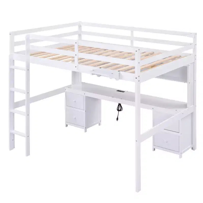 Whisen 78.4Lx 57.6W Full Size Loft Bed with Desk, Cabinets, Drawers and Bedside Tray, Built-in Charging Station, Multiple Storage