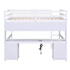 Whisen 78.4Lx 57.6W Full Size Loft Bed with Desk, Cabinets, Drawers and Bedside Tray, Built-in Charging Station, Multiple Storage