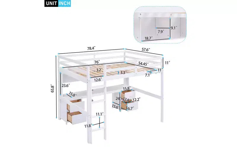 Whisen 78.4Lx 57.6W Full Size Loft Bed with Desk, Cabinets, Drawers and Bedside Tray, Built-in Charging Station, Multiple Storage