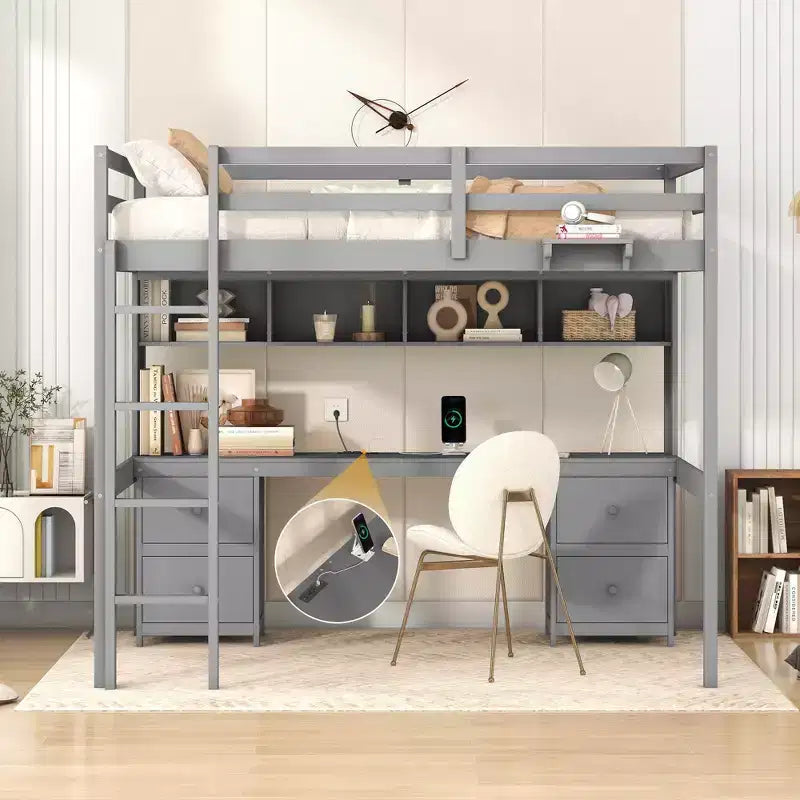 Whisen 78.4Lx 57.6W Full Size Loft Bed with Desk, Cabinets, Drawers and Bedside Tray, Built-in Charging Station, Multiple Storage