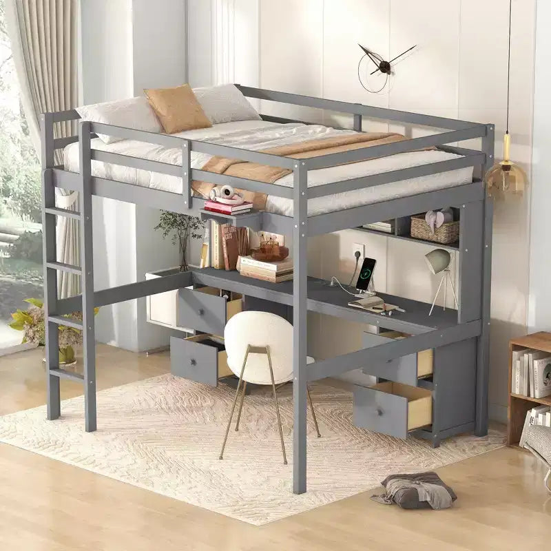 Whisen 78.4Lx 57.6W Full Size Loft Bed with Desk, Cabinets, Drawers and Bedside Tray, Built-in Charging Station, Multiple Storage