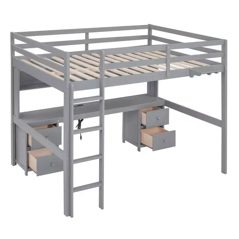 Whisen 78.4Lx 57.6W Full Size Loft Bed with Desk, Cabinets, Drawers and Bedside Tray, Built-in Charging Station, Multiple Storage