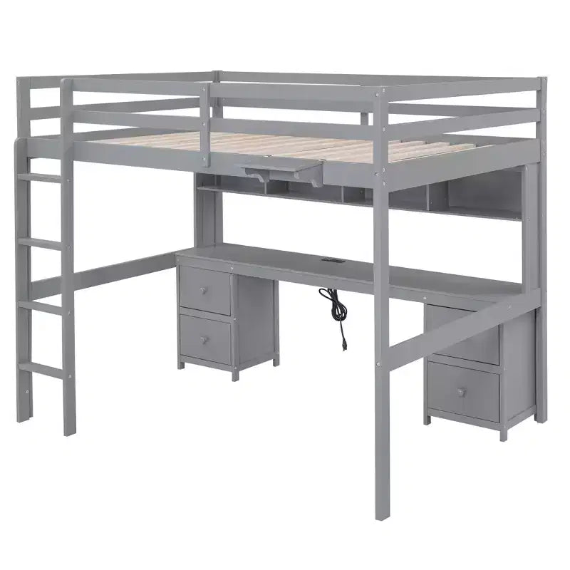 Whisen 78.4Lx 57.6W Full Size Loft Bed with Desk, Cabinets, Drawers and Bedside Tray, Built-in Charging Station, Multiple Storage