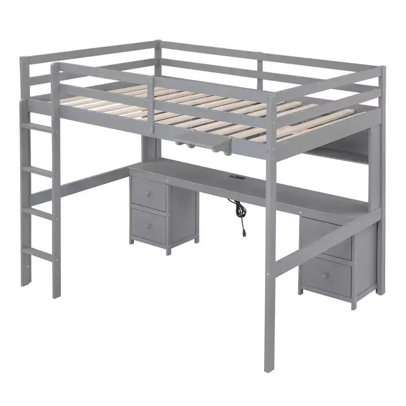 Whisen 78.4Lx 57.6W Full Size Loft Bed with Desk, Cabinets, Drawers and Bedside Tray, Built-in Charging Station, Multiple Storage