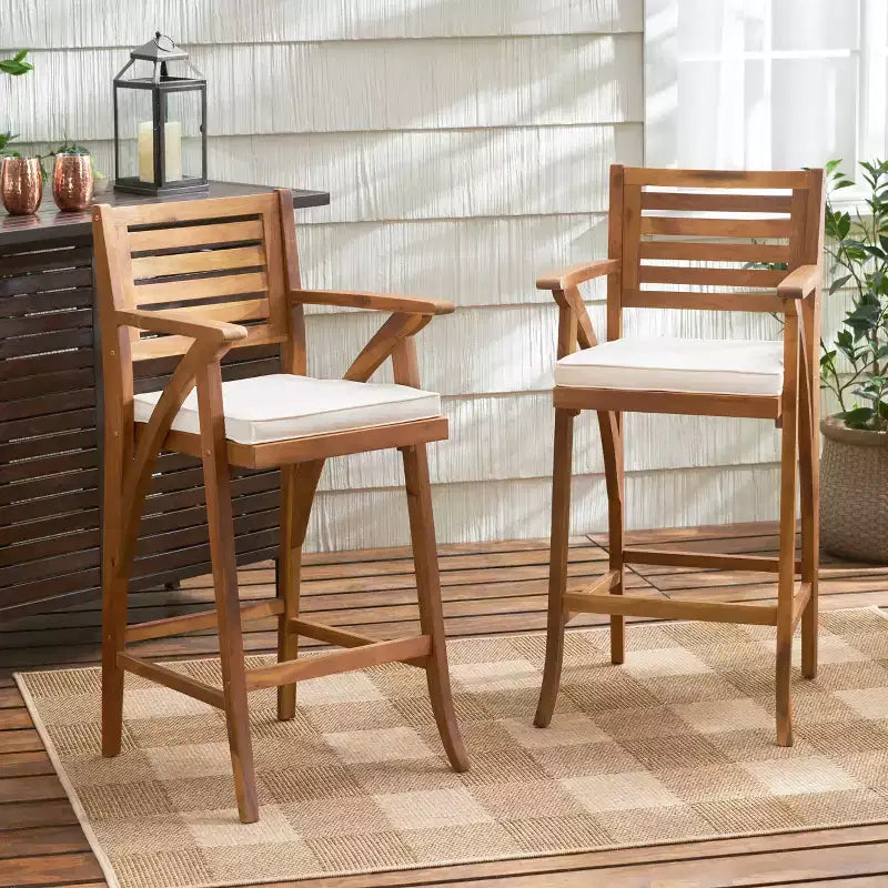 GDFStudio Baia Outdoor Acacia Wood 29 Inch Barstools with Cushion (Set of 2)