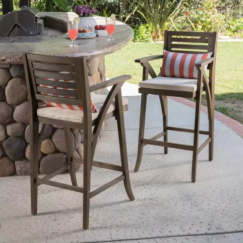 GDFStudio Baia Outdoor Acacia Wood 29 Inch Barstools with Cushion (Set of 2)
