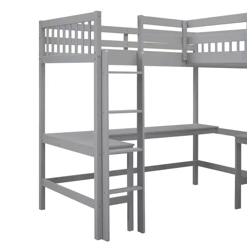 Whisen 119''L  79.5''W Wood Twin Size L-Shaped Loft Bed with Ladder and 2 Built-in L-Shaped Desks