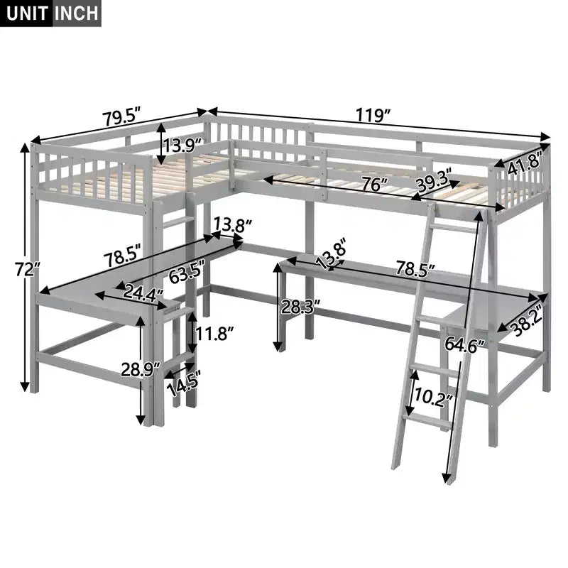 Whisen 119''L  79.5''W Wood Twin Size L-Shaped Loft Bed with Ladder and 2 Built-in L-Shaped Desks