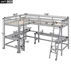 Whisen 119''L  79.5''W Wood Twin Size L-Shaped Loft Bed with Ladder and 2 Built-in L-Shaped Desks