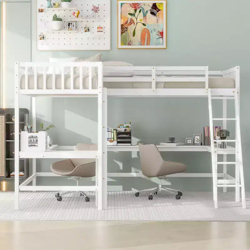 Whisen 119''L  79.5''W Wood Twin Size L-Shaped Loft Bed with Ladder and 2 Built-in L-Shaped Desks
