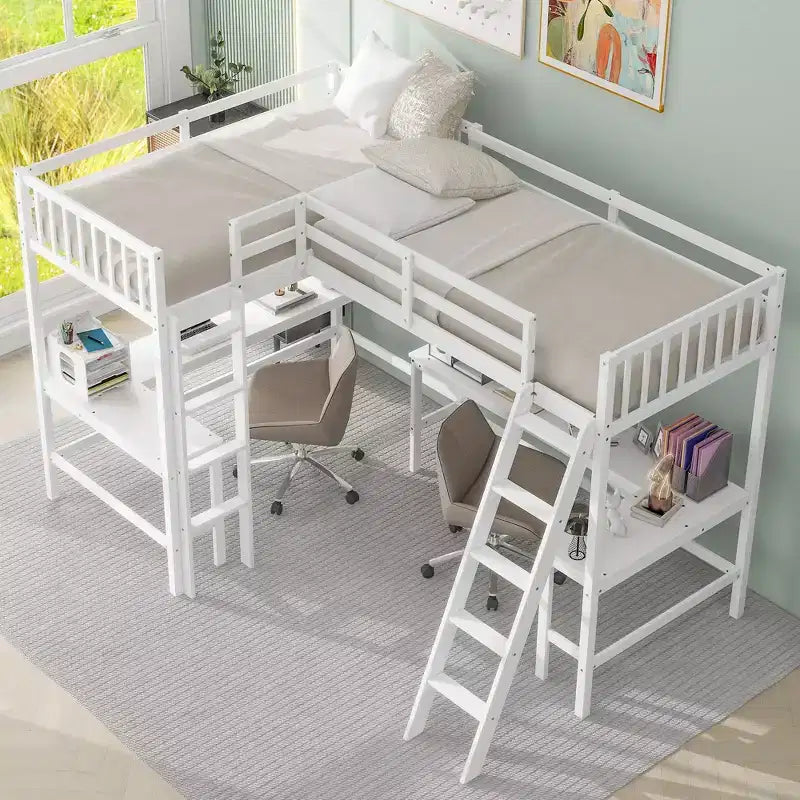 Whisen 119''L  79.5''W Wood Twin Size L-Shaped Loft Bed with Ladder and 2 Built-in L-Shaped Desks