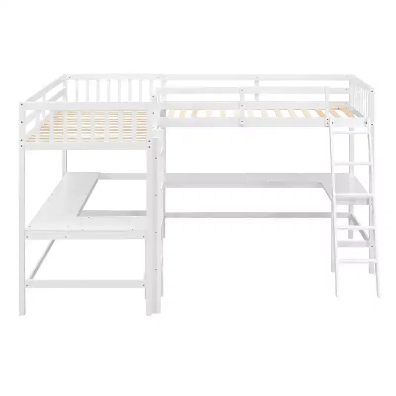 Whisen 119''L  79.5''W Wood Twin Size L-Shaped Loft Bed with Ladder and 2 Built-in L-Shaped Desks