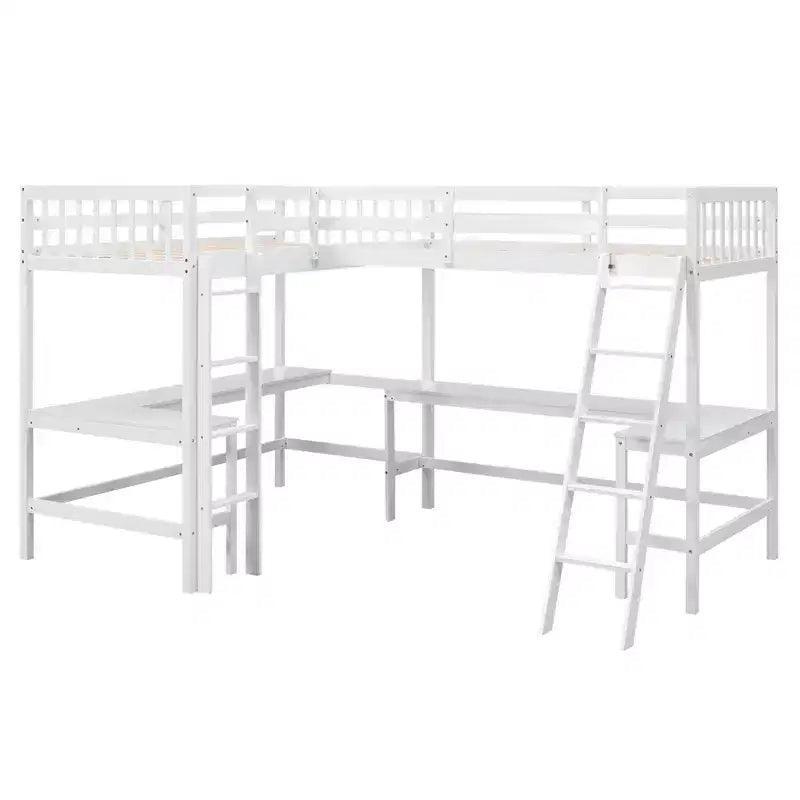 Whisen 119''L  79.5''W Wood Twin Size L-Shaped Loft Bed with Ladder and 2 Built-in L-Shaped Desks
