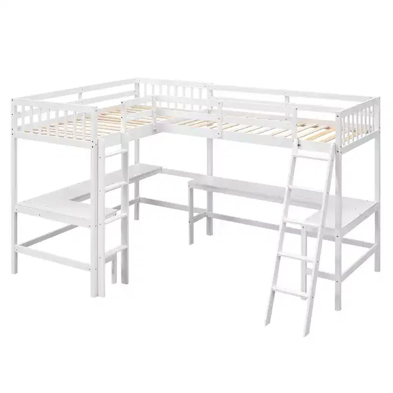 Whisen 119''L  79.5''W Wood Twin Size L-Shaped Loft Bed with Ladder and 2 Built-in L-Shaped Desks