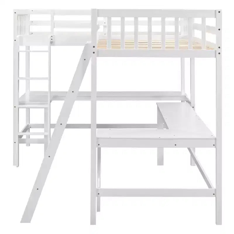 Whisen 119''L  79.5''W Wood Twin Size L-Shaped Loft Bed with Ladder and 2 Built-in L-Shaped Desks