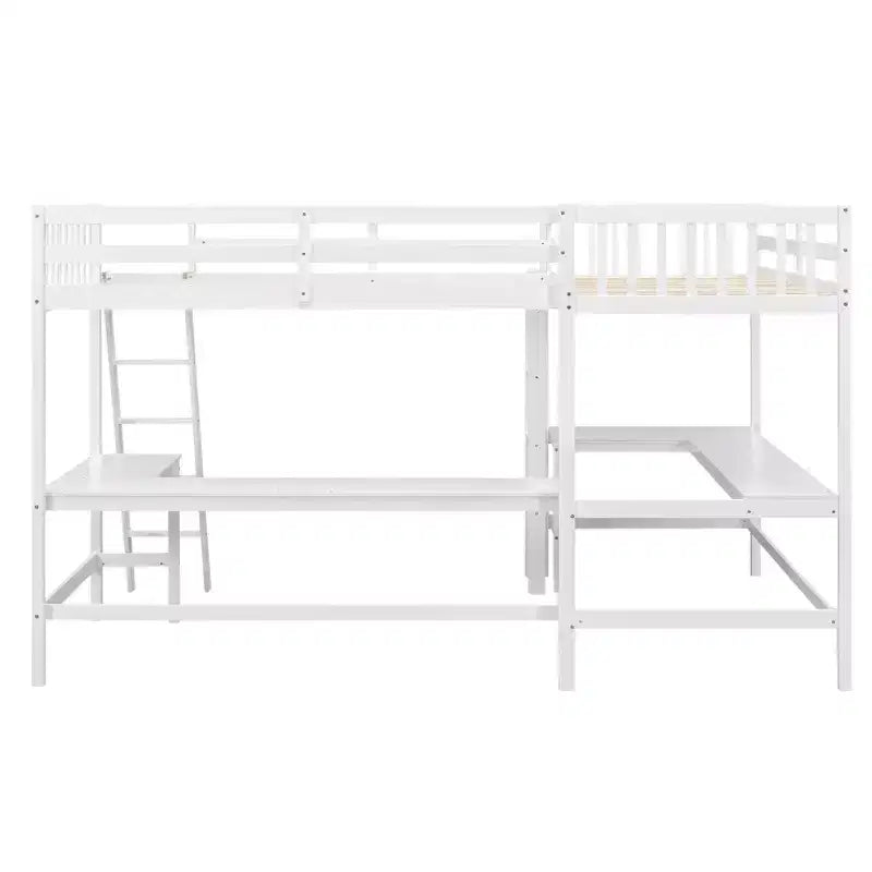 Whisen 119''L  79.5''W Wood Twin Size L-Shaped Loft Bed with Ladder and 2 Built-in L-Shaped Desks
