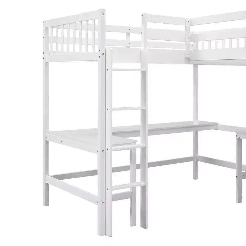 Whisen 119''L  79.5''W Wood Twin Size L-Shaped Loft Bed with Ladder and 2 Built-in L-Shaped Desks
