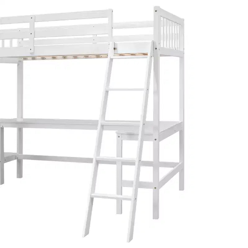 Whisen 119''L  79.5''W Wood Twin Size L-Shaped Loft Bed with Ladder and 2 Built-in L-Shaped Desks