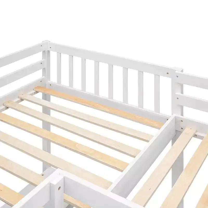 Whisen 119''L  79.5''W Wood Twin Size L-Shaped Loft Bed with Ladder and 2 Built-in L-Shaped Desks