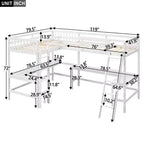Whisen 119''L  79.5''W Wood Twin Size L-Shaped Loft Bed with Ladder and 2 Built-in L-Shaped Desks