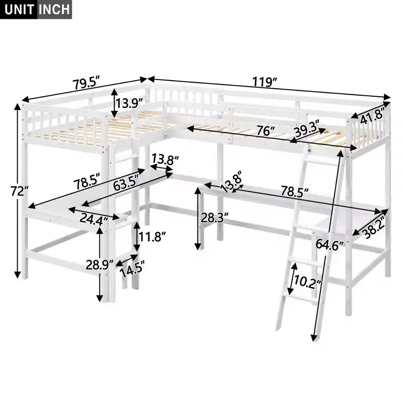 Whisen 119''L  79.5''W Wood Twin Size L-Shaped Loft Bed with Ladder and 2 Built-in L-Shaped Desks