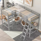 Whisen 119''L  79.5''W Wood Twin Size L-Shaped Loft Bed with Ladder and 2 Built-in L-Shaped Desks