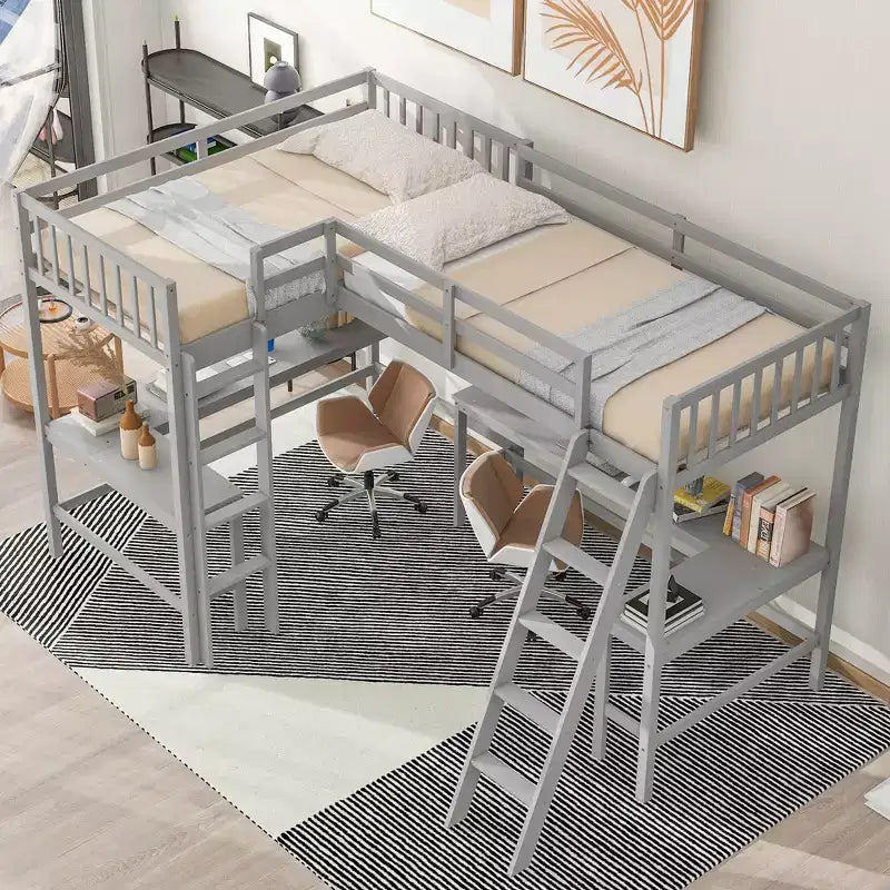 Whisen 119''L  79.5''W Wood Twin Size L-Shaped Loft Bed with Ladder and 2 Built-in L-Shaped Desks