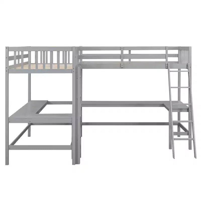 Whisen 119''L  79.5''W Wood Twin Size L-Shaped Loft Bed with Ladder and 2 Built-in L-Shaped Desks