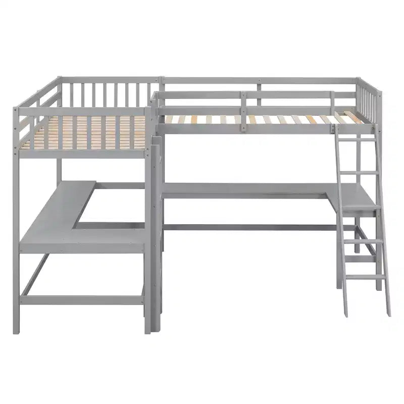 Whisen 119''L  79.5''W Wood Twin Size L-Shaped Loft Bed with Ladder and 2 Built-in L-Shaped Desks
