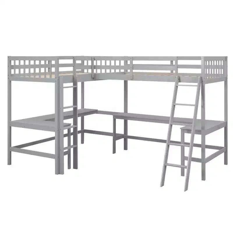 Whisen 119''L  79.5''W Wood Twin Size L-Shaped Loft Bed with Ladder and 2 Built-in L-Shaped Desks