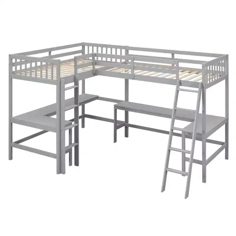 Whisen 119''L  79.5''W Wood Twin Size L-Shaped Loft Bed with Ladder and 2 Built-in L-Shaped Desks