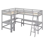Whisen 119''L  79.5''W Wood Twin Size L-Shaped Loft Bed with Ladder and 2 Built-in L-Shaped Desks