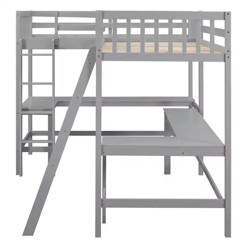 Whisen 119''L  79.5''W Wood Twin Size L-Shaped Loft Bed with Ladder and 2 Built-in L-Shaped Desks