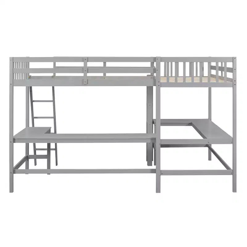 Whisen 119''L  79.5''W Wood Twin Size L-Shaped Loft Bed with Ladder and 2 Built-in L-Shaped Desks