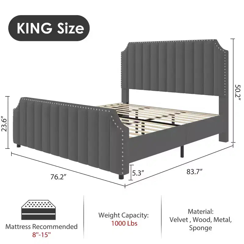 WhizMax Queen/King Size Bed Frame with 50.2 Tall Headboard, Velvet Upholstered Bed Frame Queen with Vertical Channel Tufted Headboard & Footboard